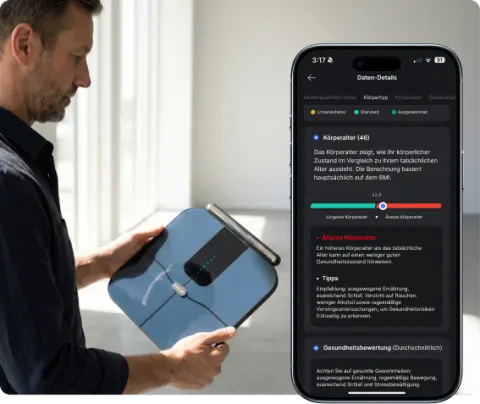 Mann hält die Herz P1 Waage, daneben die App mit Körperwerten